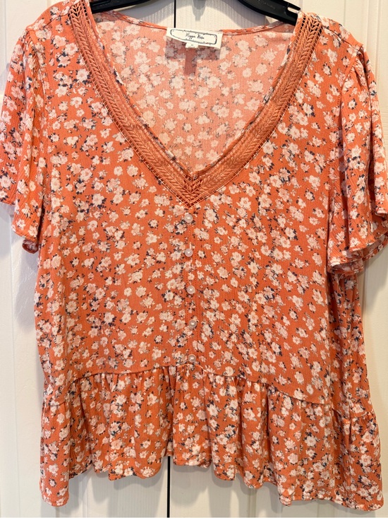 Hippie Rose Tops - Hippie Rose Coral Floral V-Neck Button Peplum Embroidered Blouse Top